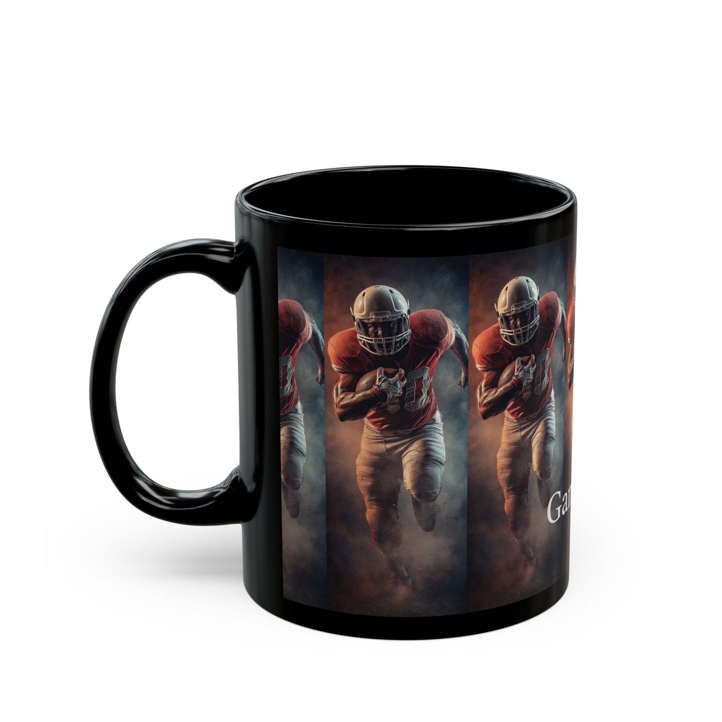 Game Day Football Player Mug — Black Ceramic Sports Coffee Cup (11oz & 15oz)