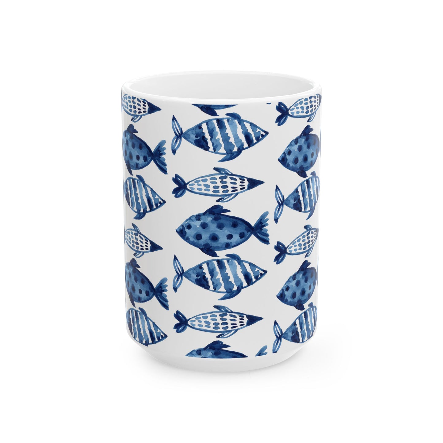 Blue Watercolor Fish Ceramic Mug — Nautical Ocean Pattern Coffee Cup (11oz, 15oz)