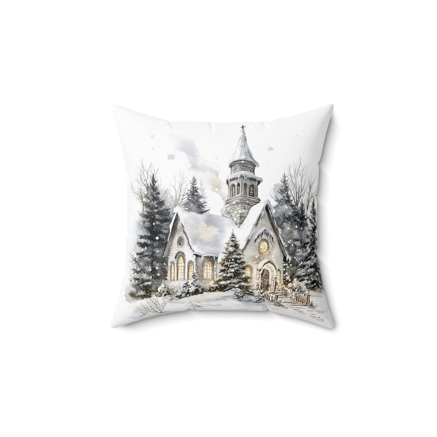 Winter Church Scene Spun Polyester Square Pillow — Cozy Holiday Throw Pillow