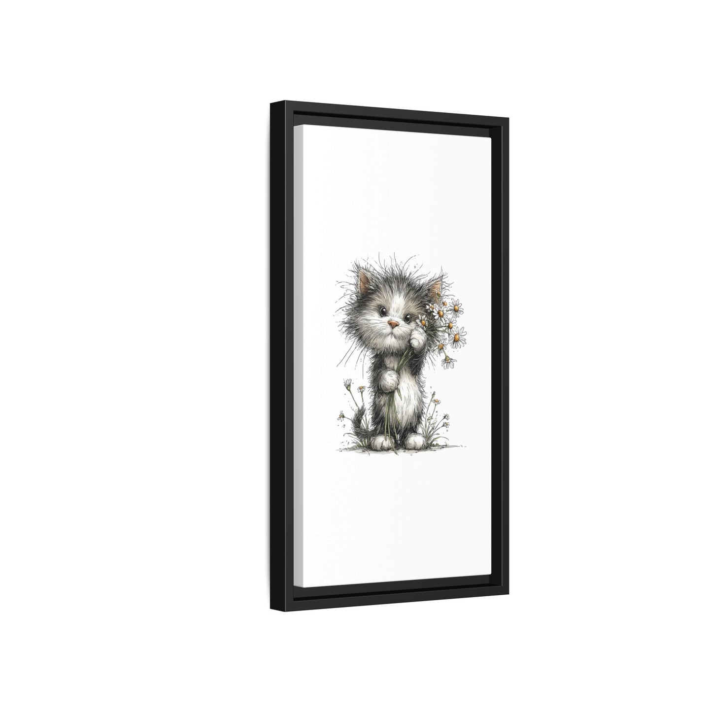 Playful Kitten with Dandelions Matte Canvas Framed Wall Art | Nursery Bedroom Decor