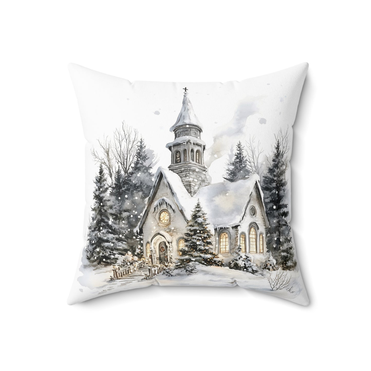 Winter Church Scene Spun Polyester Square Pillow — Cozy Holiday Throw Pillow