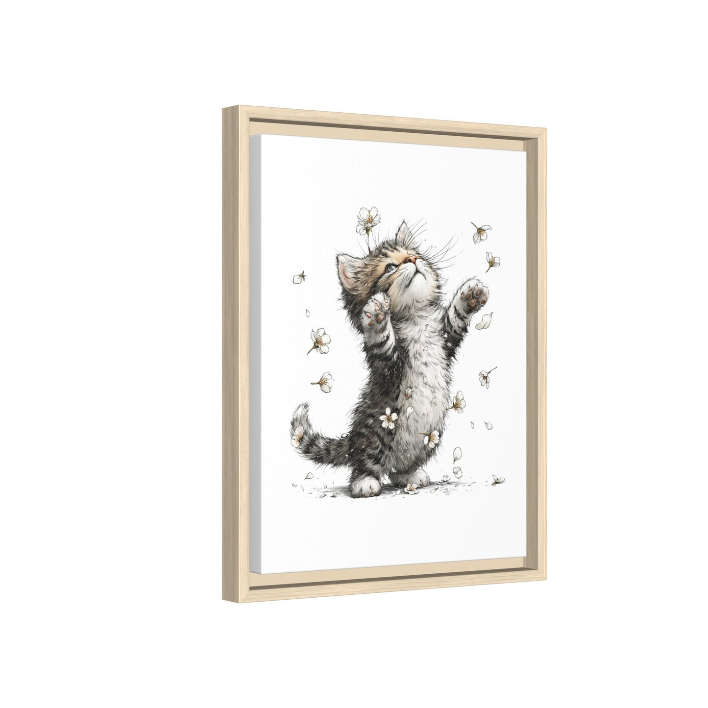 Playful Kitten with Dandelions Matte Canvas Framed Wall Art | Nursery Bedroom Decor