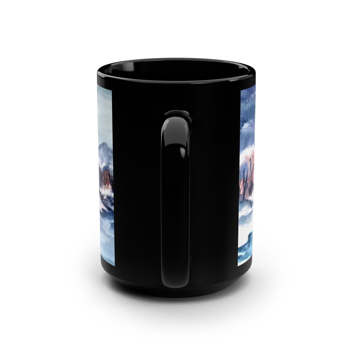 15oz Black Mug — Wintery Cozy Scene