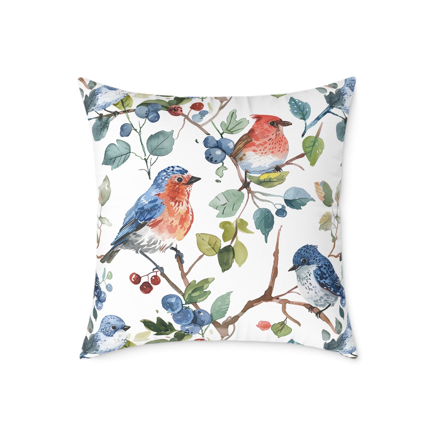 Bird Watercolor Pillow — Blue & Coral Songbirds on Branch Decorative Throw Pillow