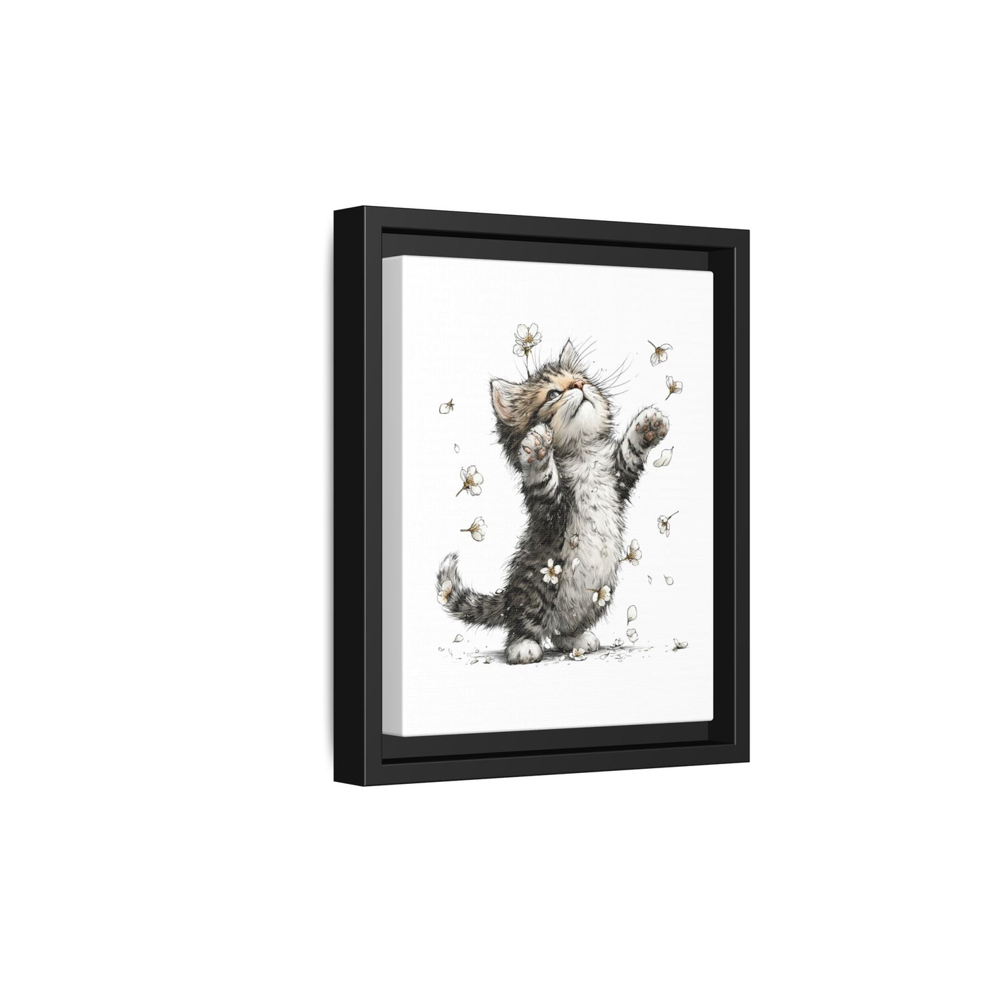 Playful Kitten with Dandelions Matte Canvas Framed Wall Art | Nursery Bedroom Decor