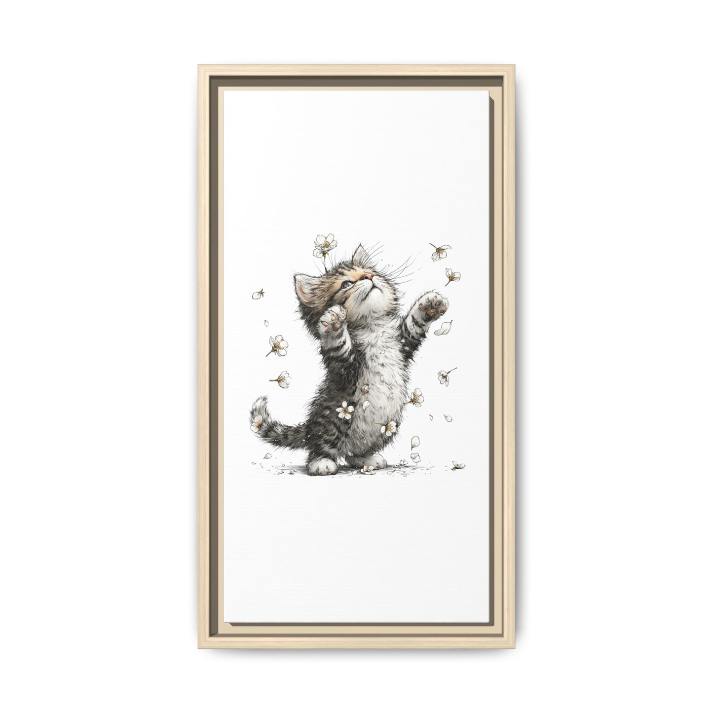 Playful Kitten with Dandelions Matte Canvas Framed Wall Art | Nursery Bedroom Decor
