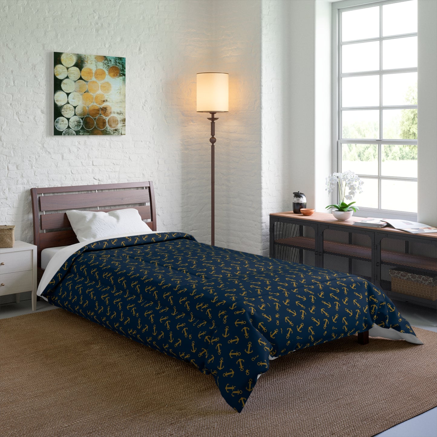 Navy & Gold Anchor Comforter — Nautical Anchor Pattern Bedspread