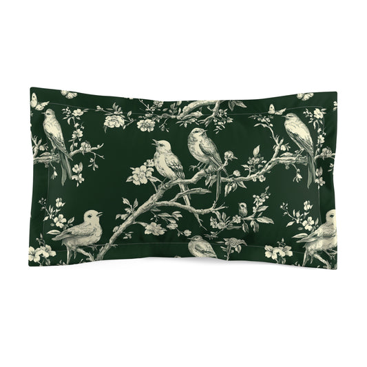 Botanical Bird Pillow Sham — Vintage Floral Bird Branch Print on Deep Green