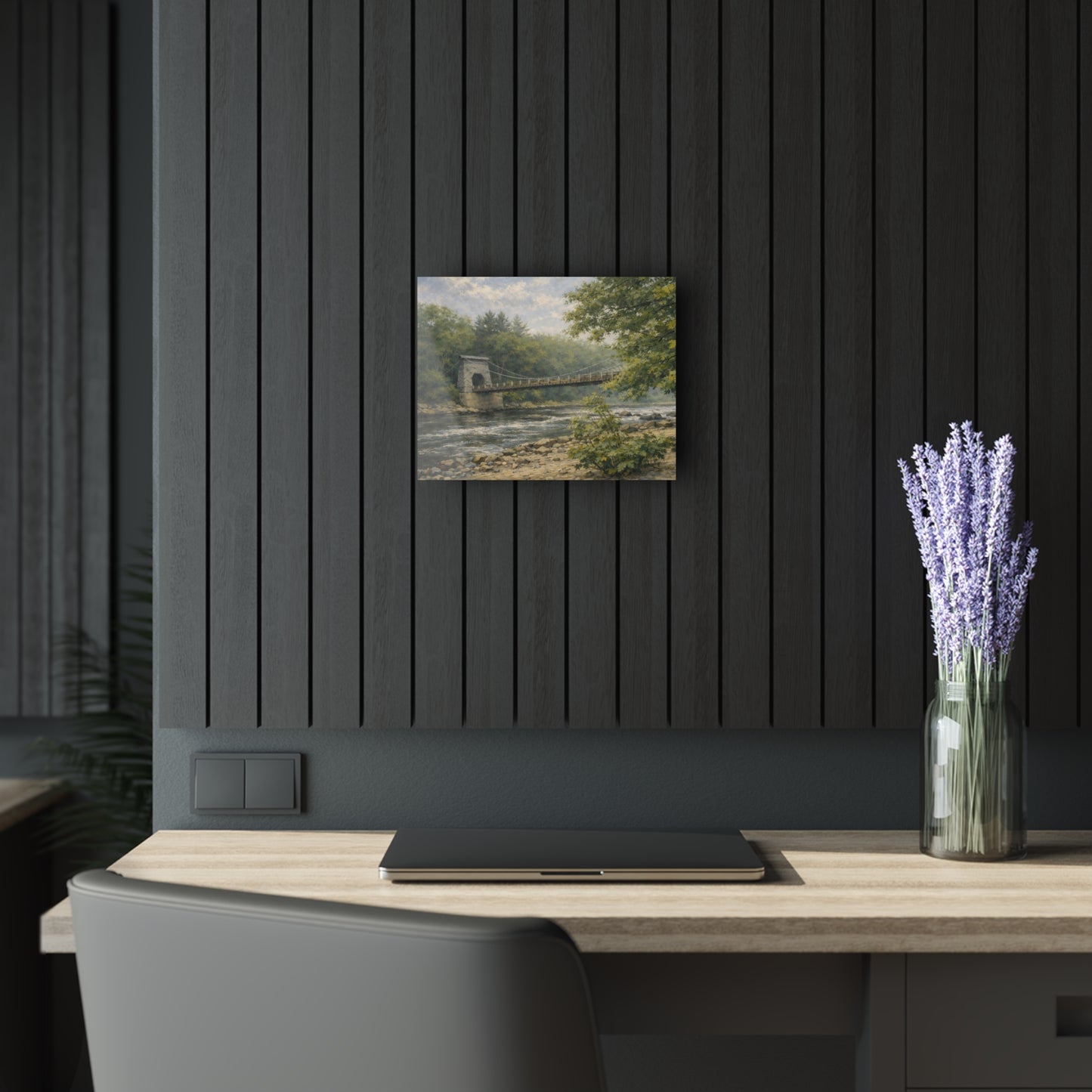 Misty Wire Bridge Acrylic Wall Art — New Portland Landscape (French Cleat Hanging)