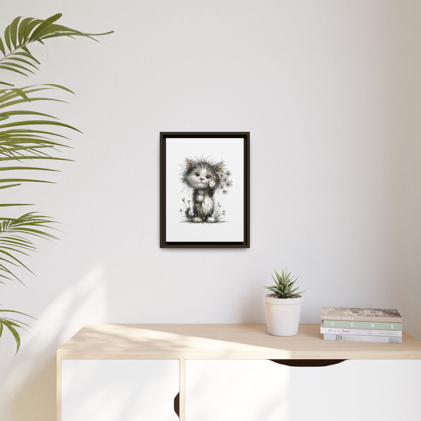 Playful Kitten with Dandelions Matte Canvas Framed Wall Art | Nursery Bedroom Decor