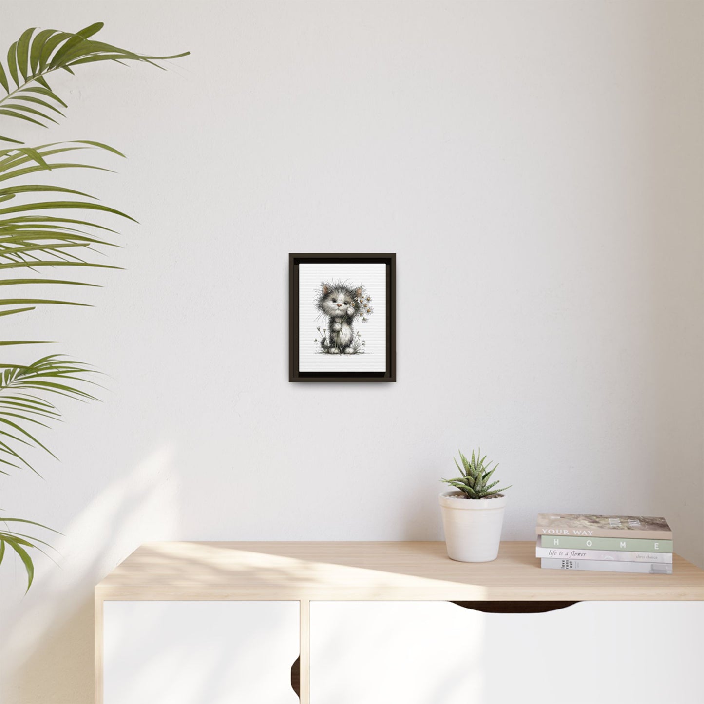 Playful Kitten with Dandelions Matte Canvas Framed Wall Art | Nursery Bedroom Decor