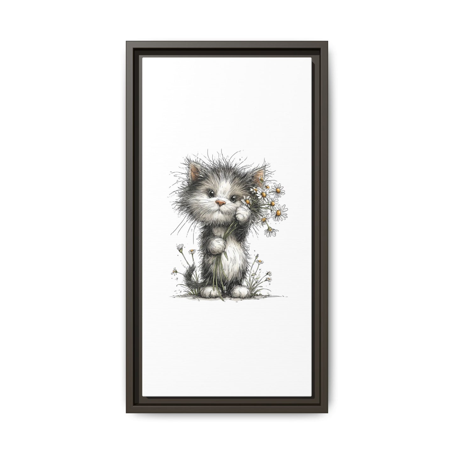 Playful Kitten with Dandelions Matte Canvas Framed Wall Art | Nursery Bedroom Decor