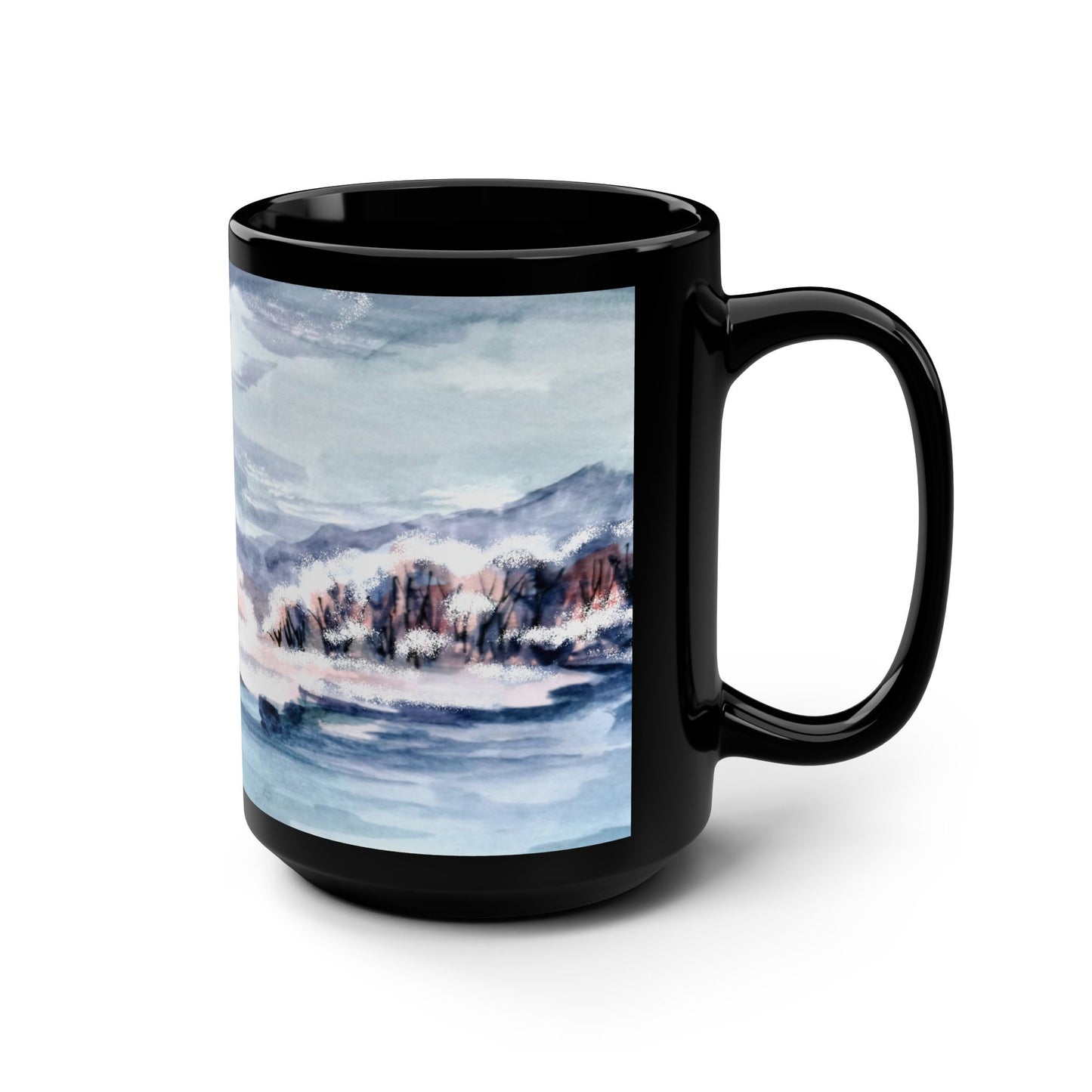 15oz Black Mug — Wintery Cozy Scene