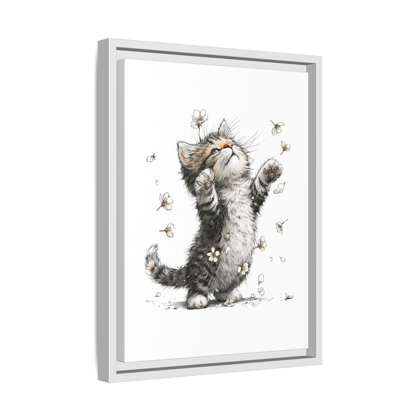 Playful Kitten with Dandelions Matte Canvas Framed Wall Art | Nursery Bedroom Decor