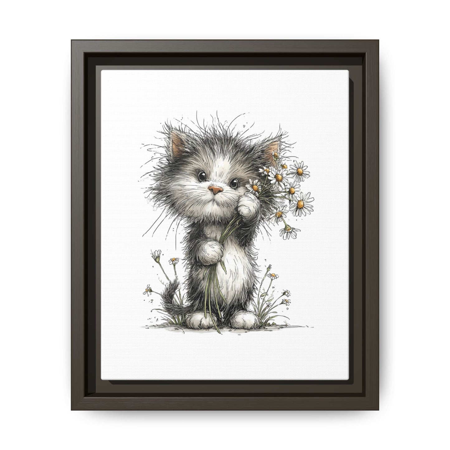 Playful Kitten with Dandelions Matte Canvas Framed Wall Art | Nursery Bedroom Decor