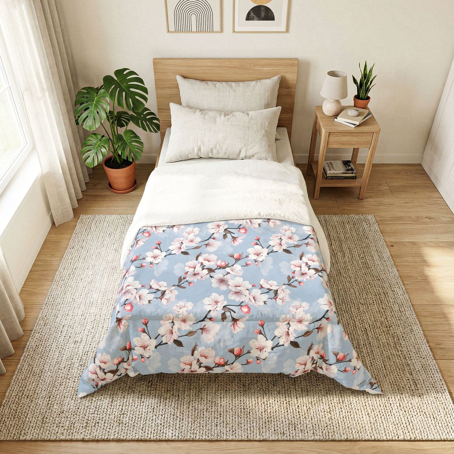Cherry Blossom Cotton Comforter — Floral Blue Bedspread