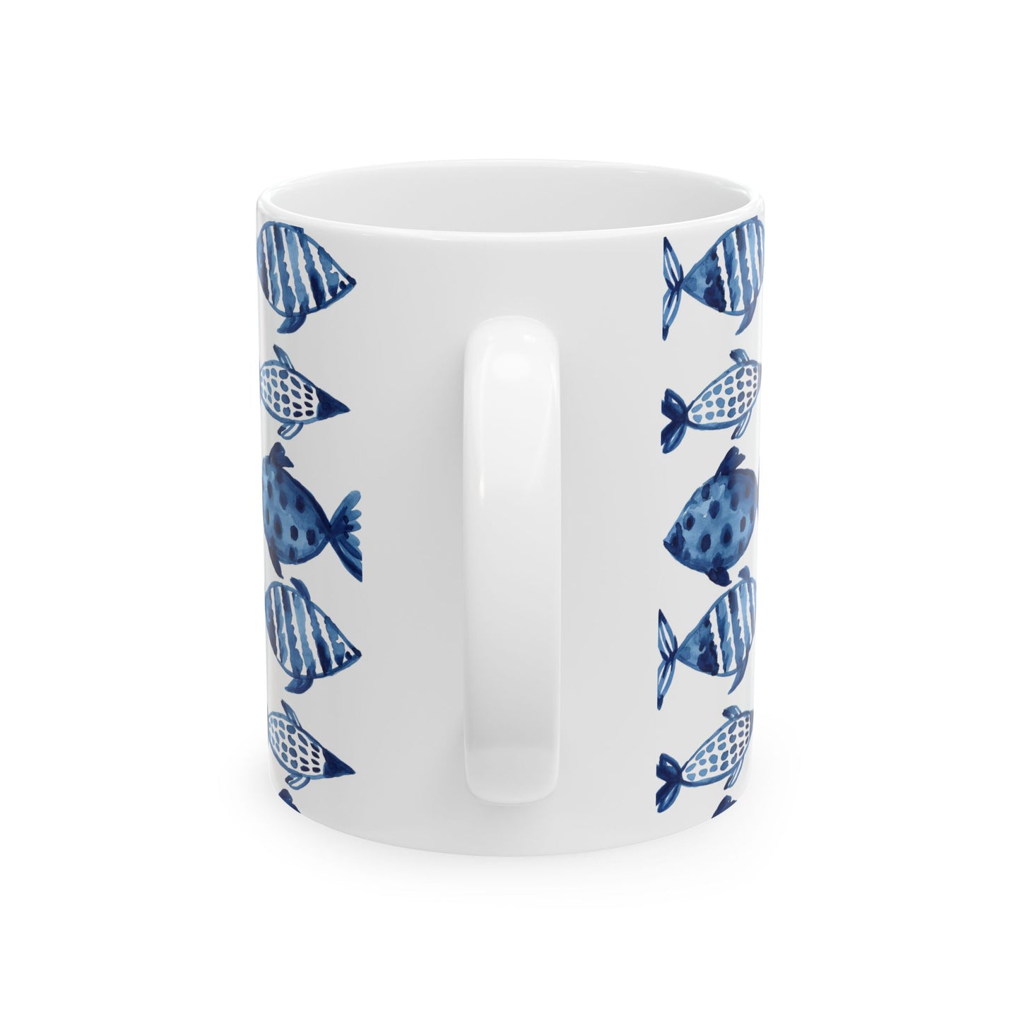 Blue Watercolor Fish Ceramic Mug — Nautical Ocean Pattern Coffee Cup (11oz, 15oz)