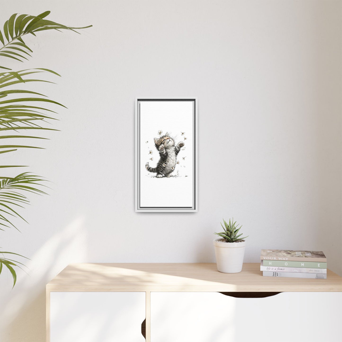 Playful Kitten with Dandelions Matte Canvas Framed Wall Art | Nursery Bedroom Decor