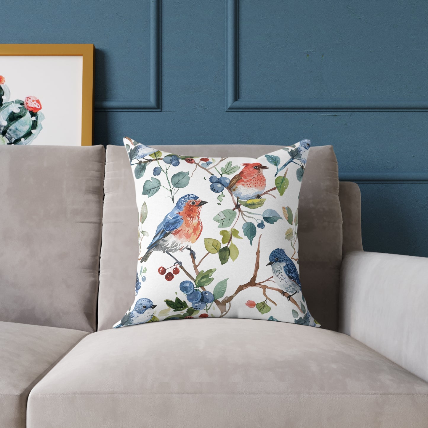 Bird Watercolor Pillow — Blue & Coral Songbirds on Branch Decorative Throw Pillow