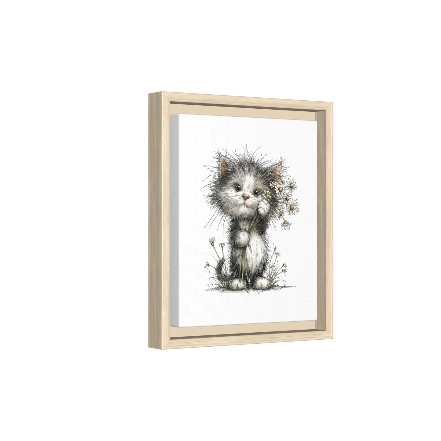 Playful Kitten with Dandelions Matte Canvas Framed Wall Art | Nursery Bedroom Decor