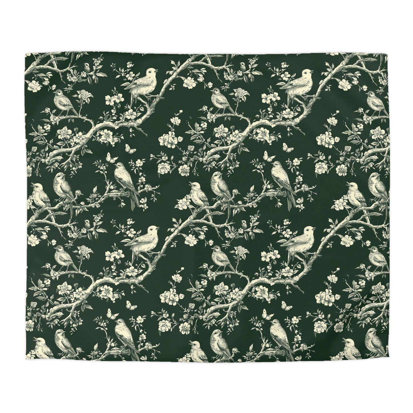 Botanical Bird Duvet Cover – Vintage Floral Toile Bedding in Forest Green