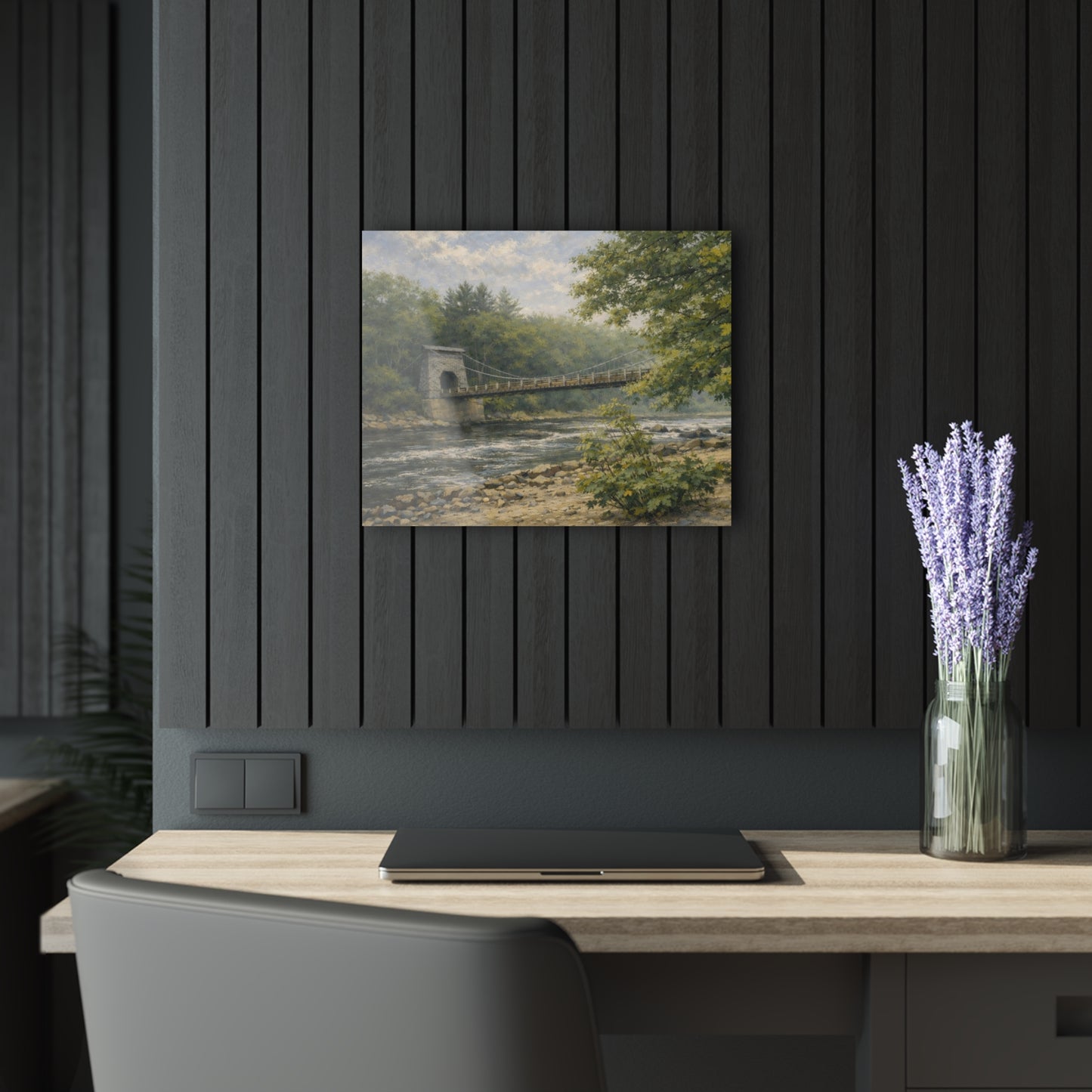 Misty Wire Bridge Acrylic Wall Art — New Portland Landscape (French Cleat Hanging)