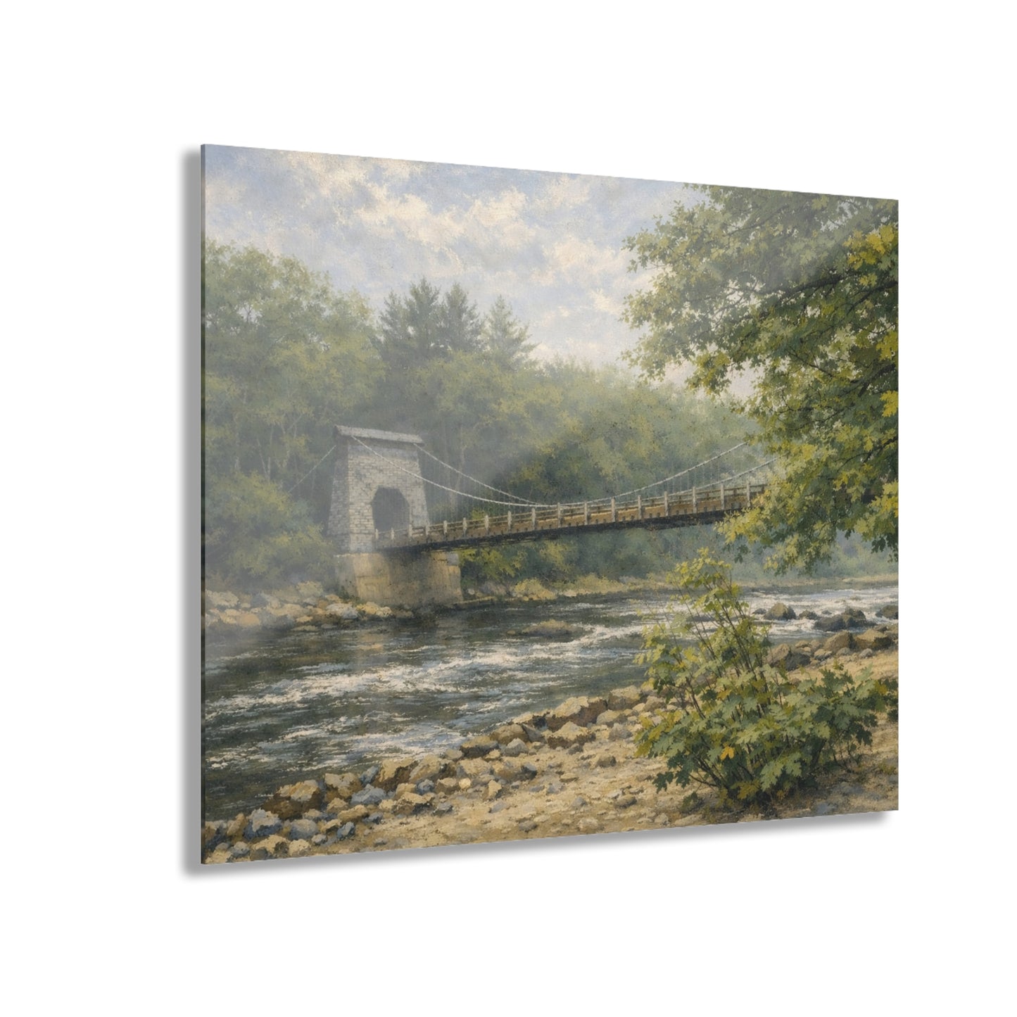 Misty Wire Bridge Acrylic Wall Art — New Portland Landscape (French Cleat Hanging)