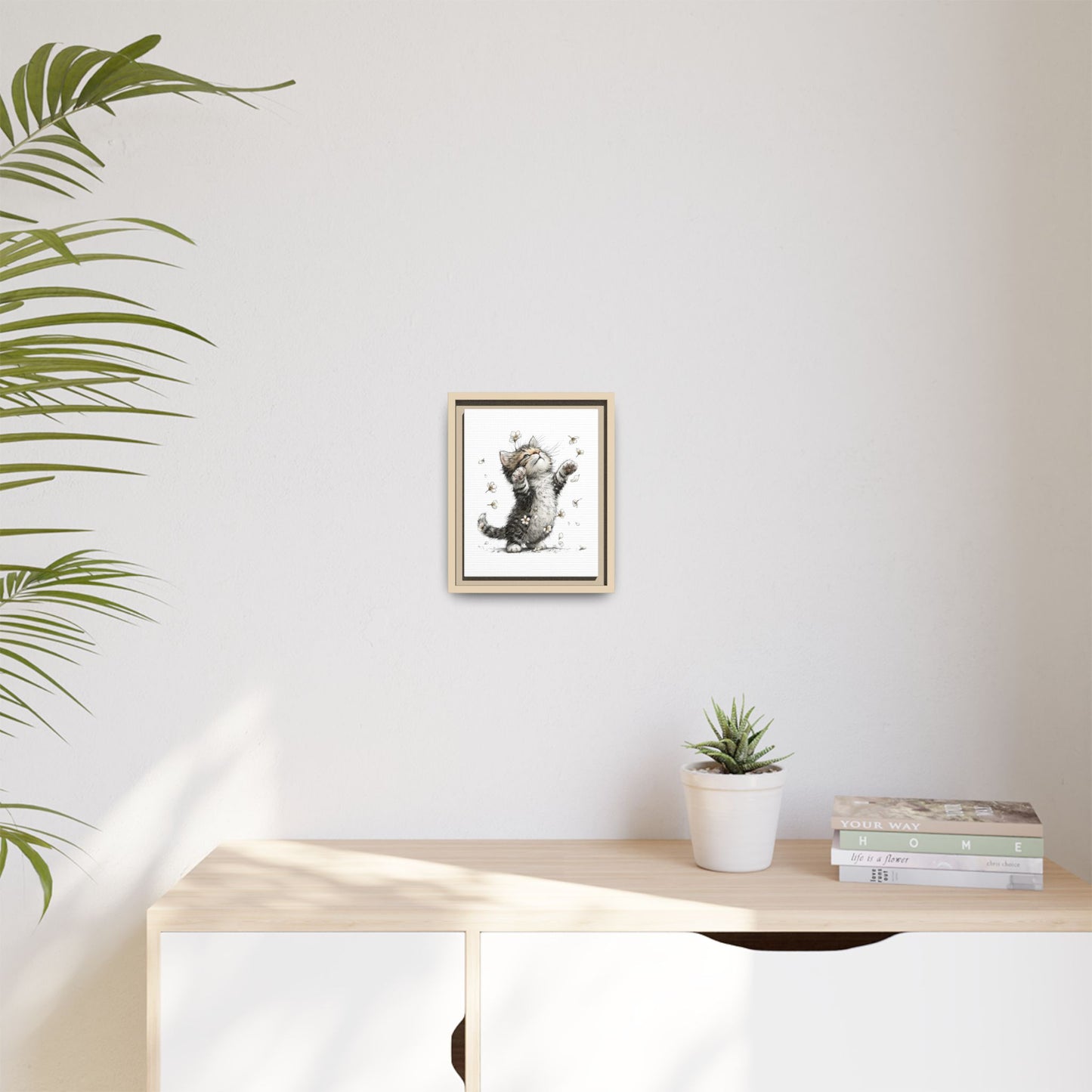Playful Kitten with Dandelions Matte Canvas Framed Wall Art | Nursery Bedroom Decor