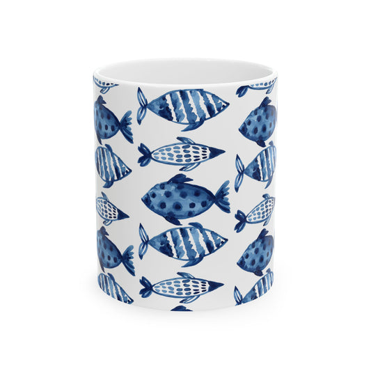 Blue Watercolor Fish Ceramic Mug — Nautical Ocean Pattern Coffee Cup (11oz, 15oz)