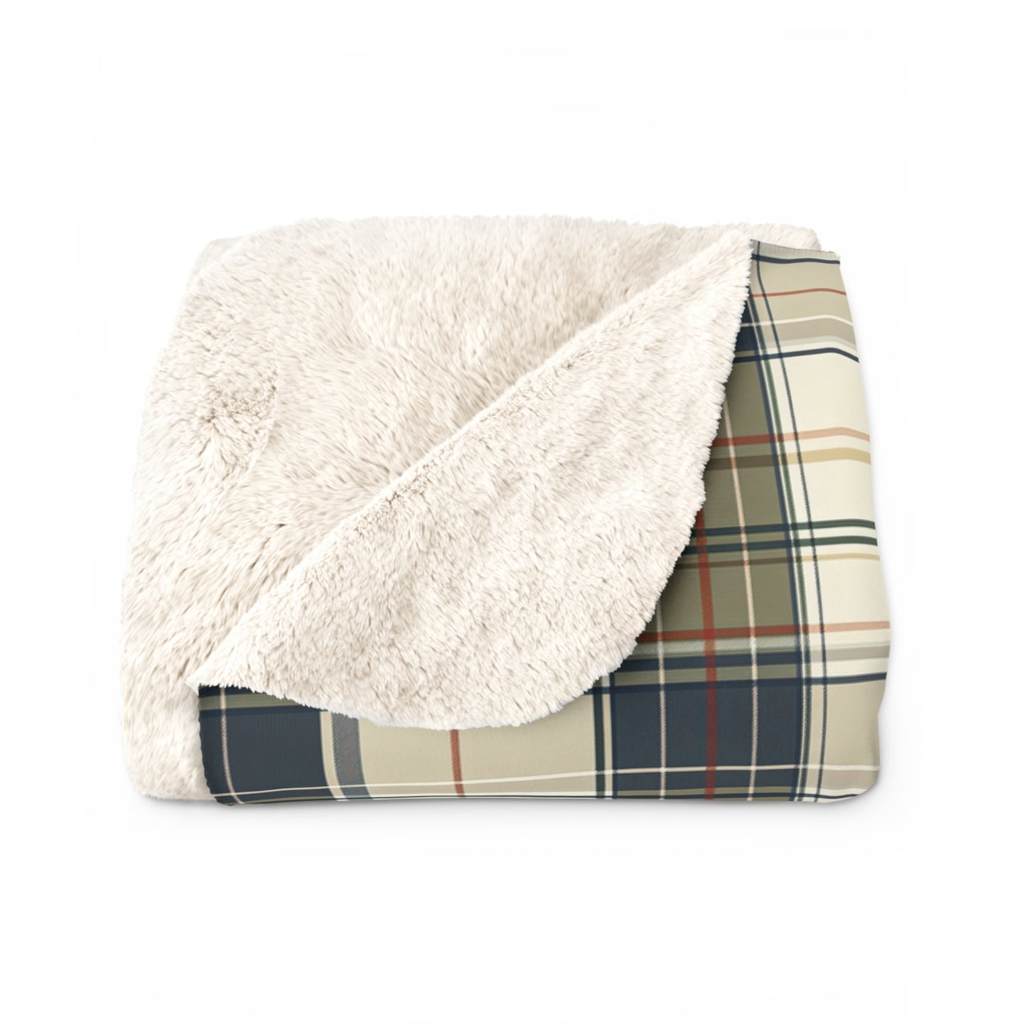 Cozy Plaid Sherpa Blanket – Cream, Navy & Olive Fleece Throw