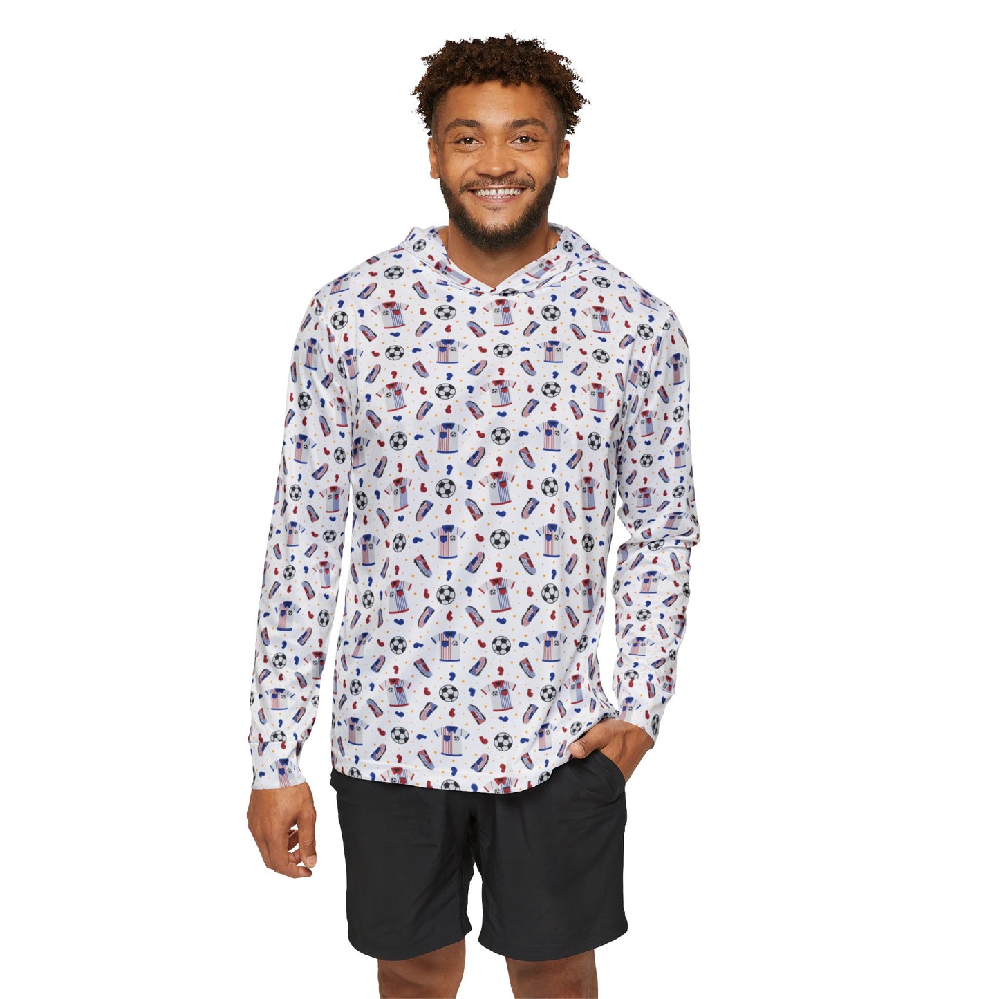 Men's Soccer Pattern Warmup Hoodie — All-Over Print Athletic Pullover