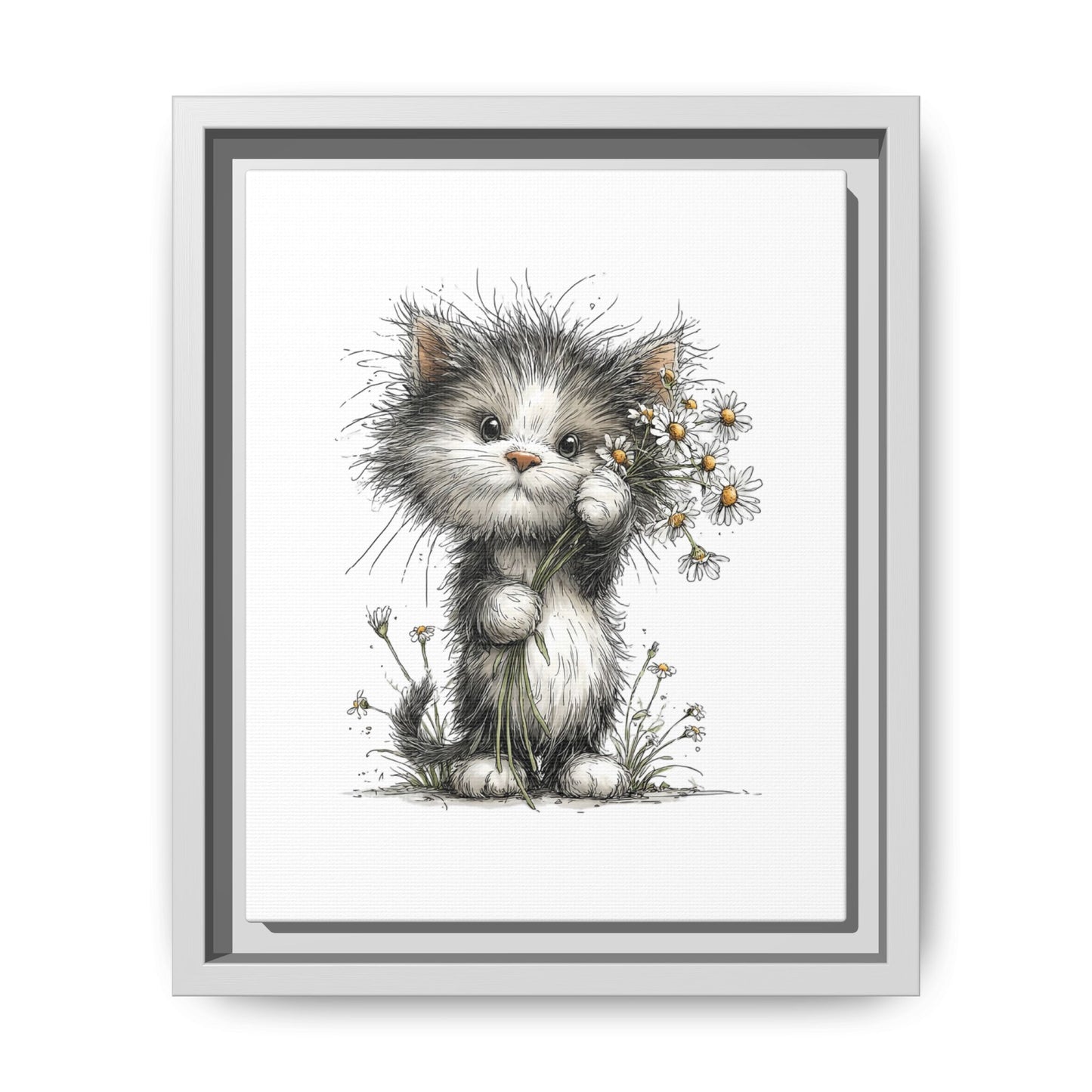 Playful Kitten with Dandelions Matte Canvas Framed Wall Art | Nursery Bedroom Decor