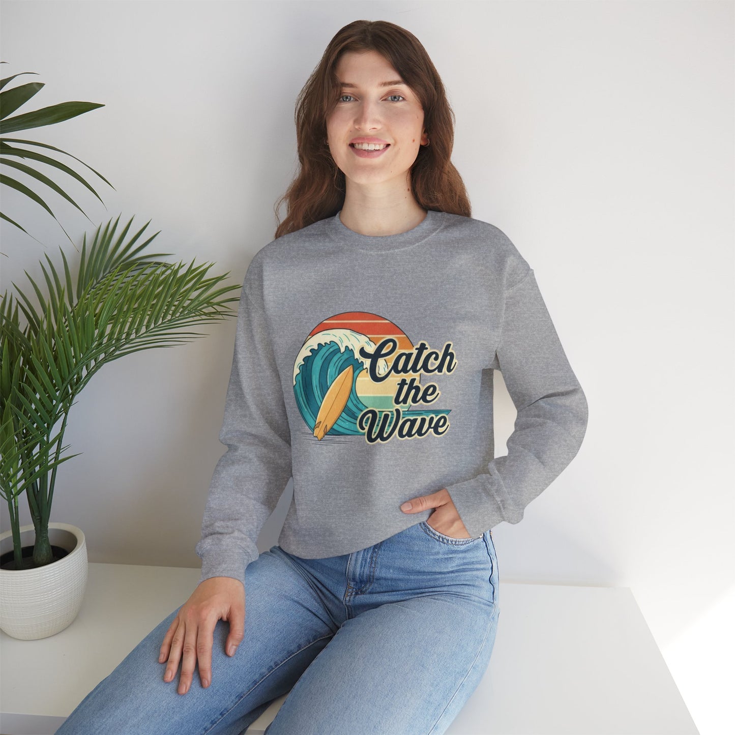 Catch the Wave Crewneck Sweatshirt — Retro Surf Graphic Pullover