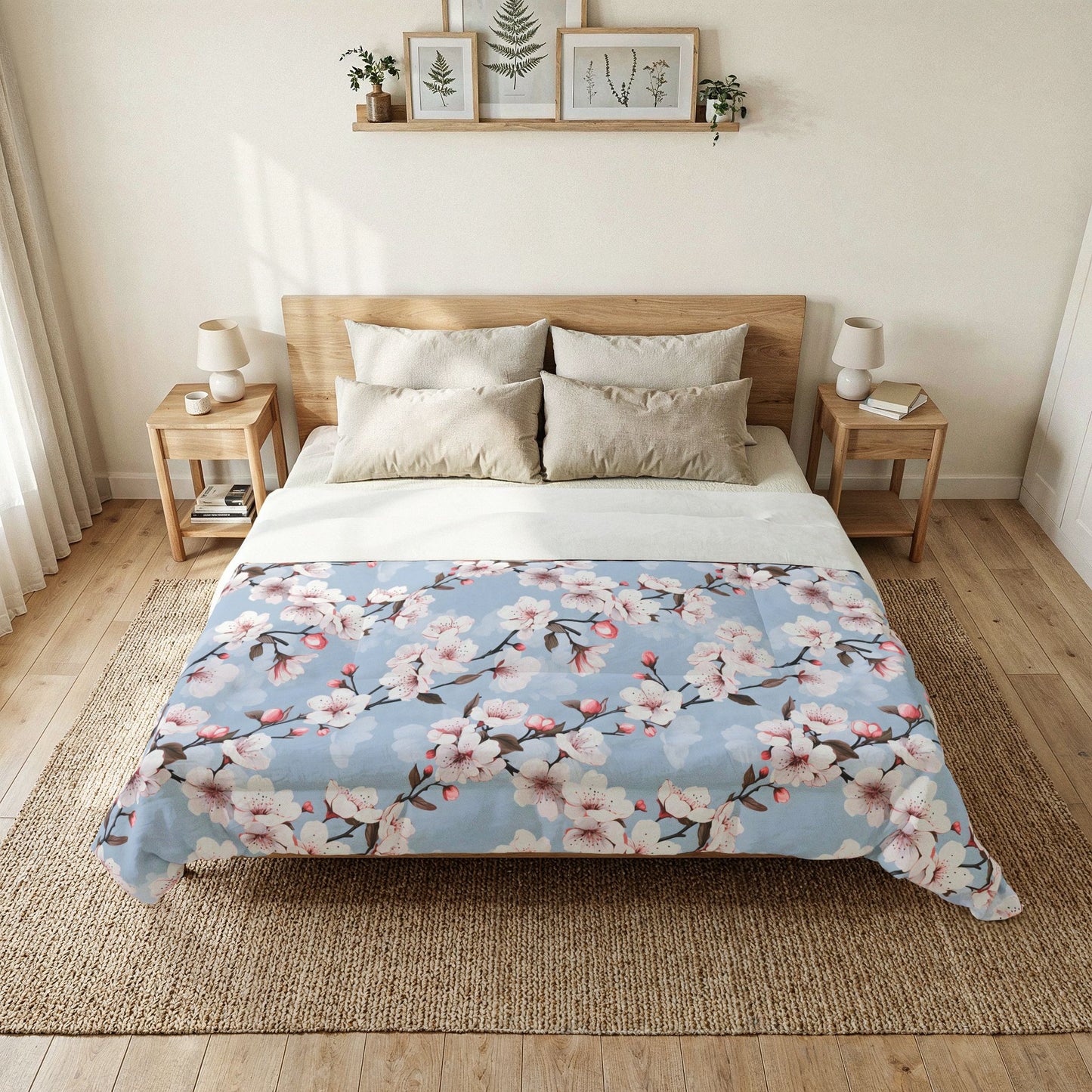 Cherry Blossom Cotton Comforter — Floral Blue Bedspread