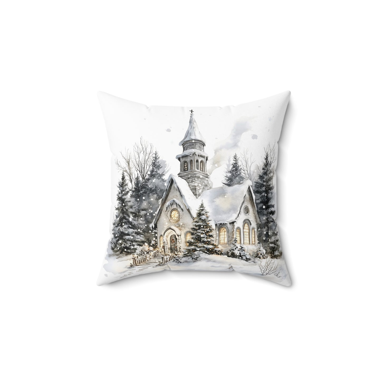 Winter Church Scene Spun Polyester Square Pillow — Cozy Holiday Throw Pillow