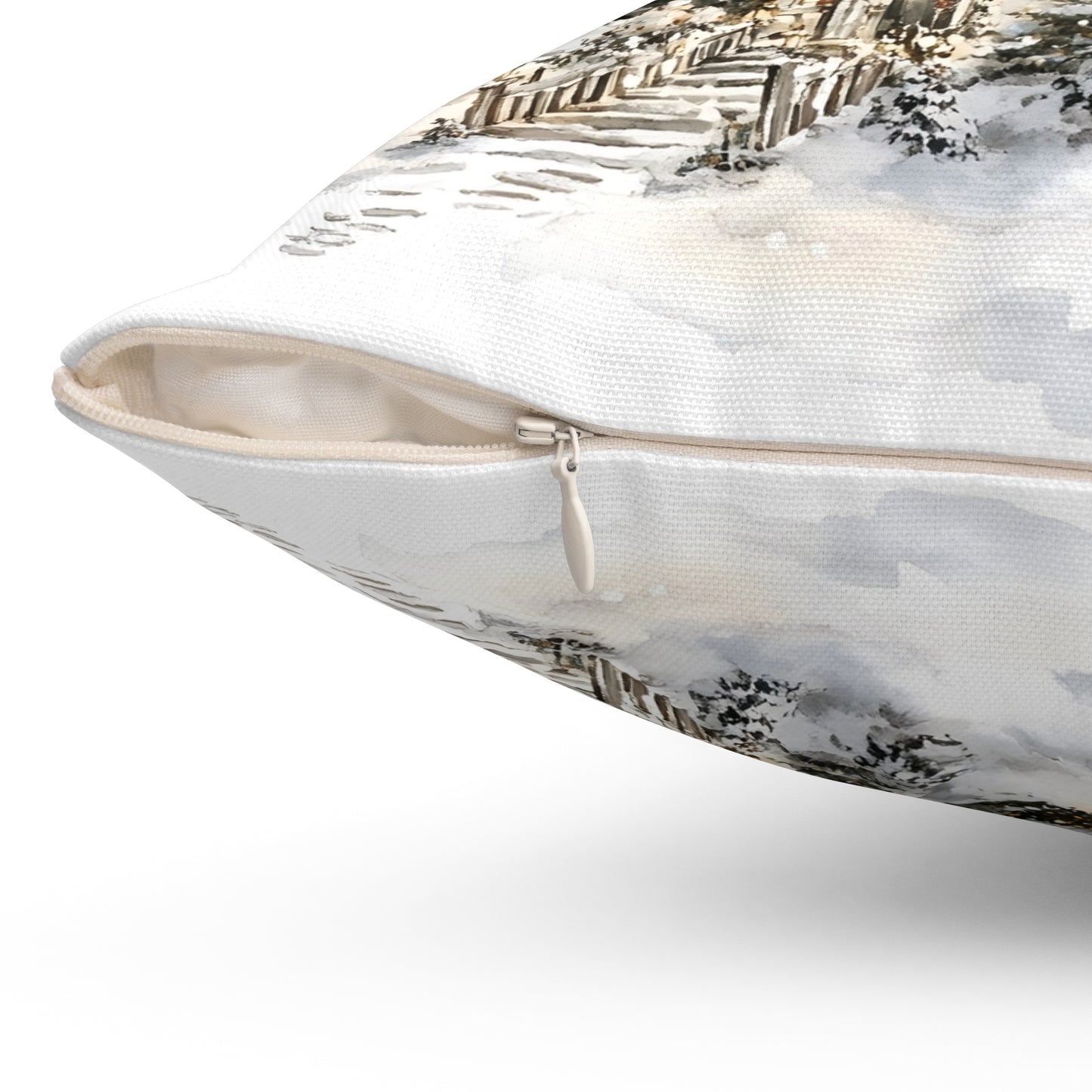 Winter Church Scene Spun Polyester Square Pillow — Cozy Holiday Throw Pillow