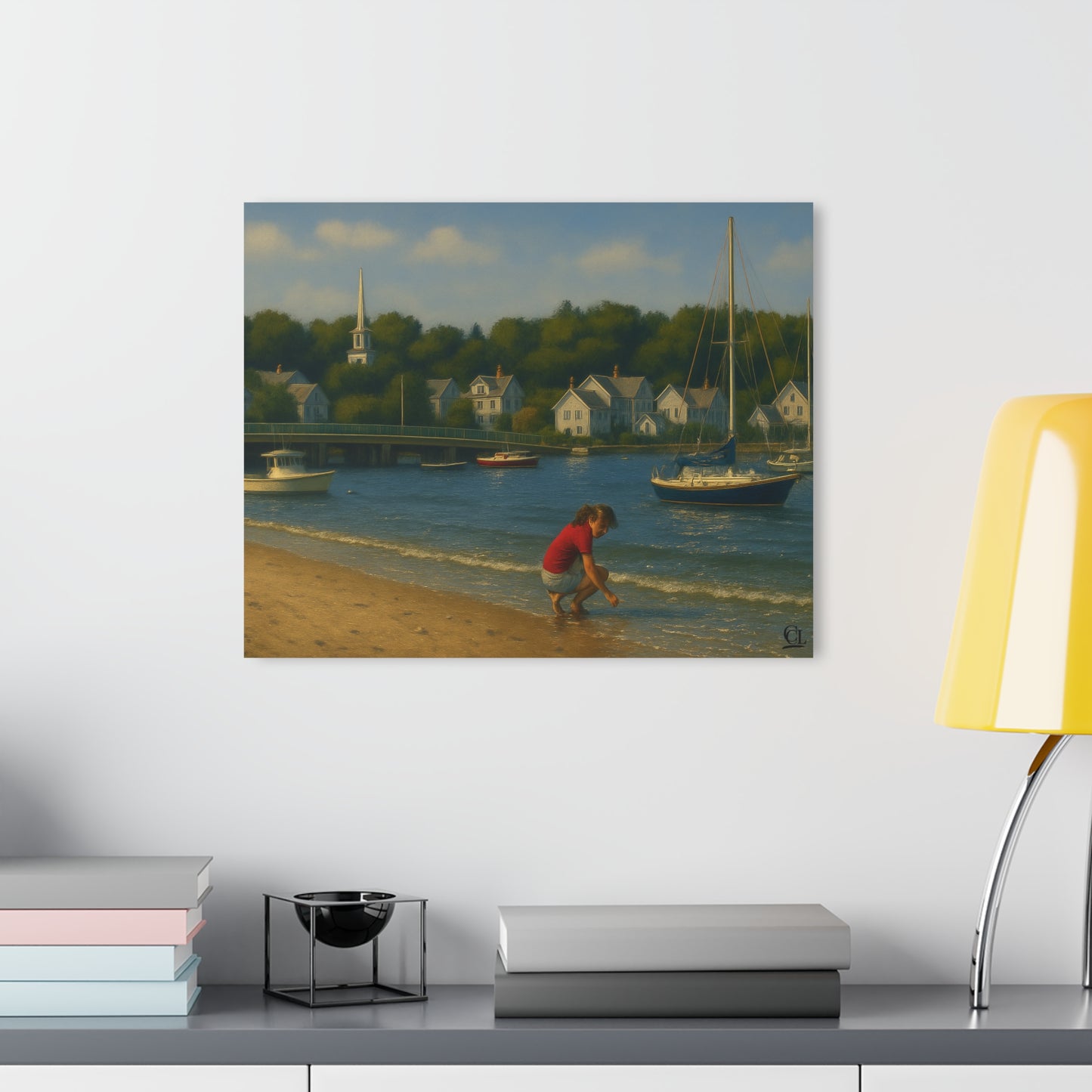 Padanaram Harbor Acrylic Print — Sunlit Beach & Sailboats (French Cleat Hanging)