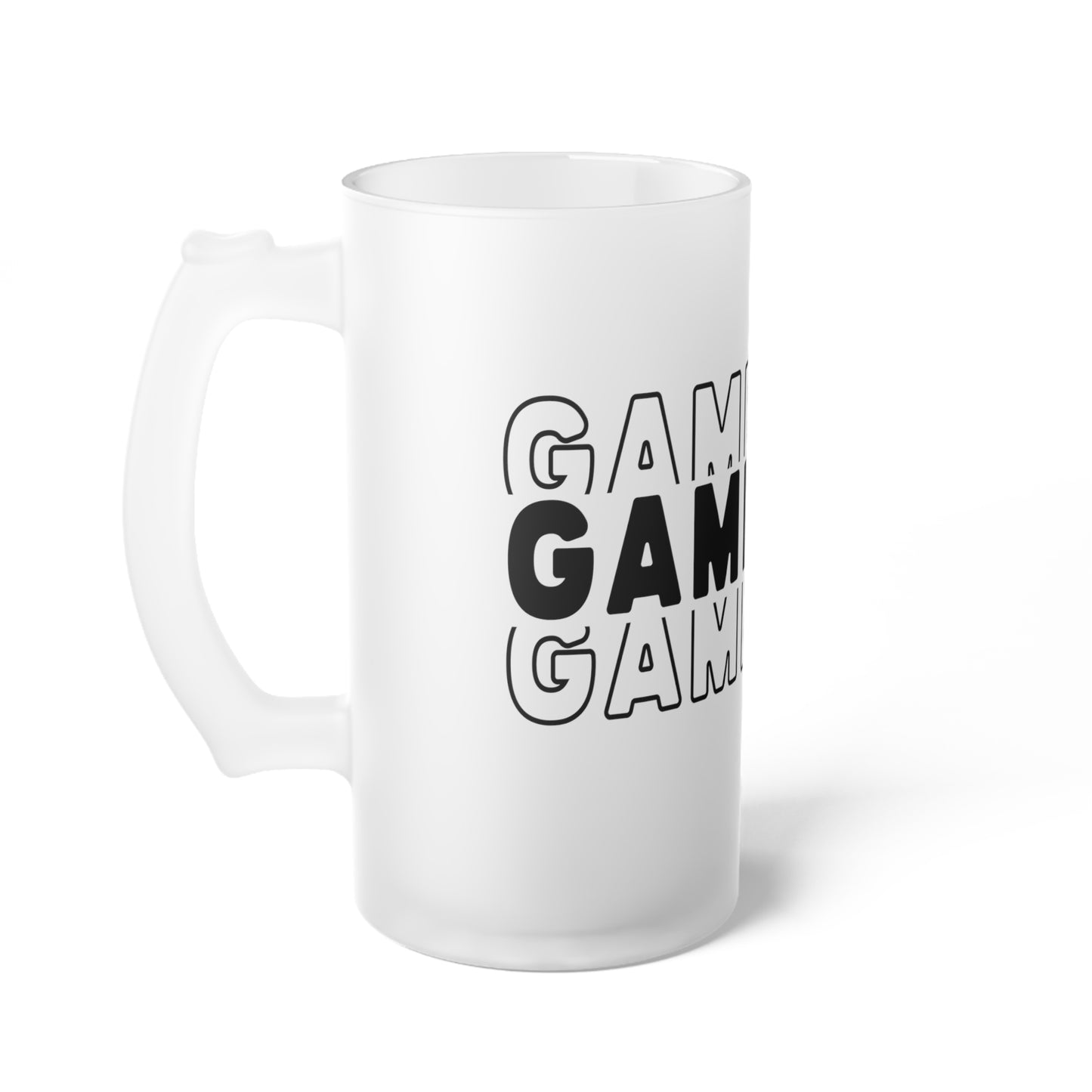 Game Day Frosted Glass Beer Mug — Bold Repeating “GAME DAY” Tailgate Pint
