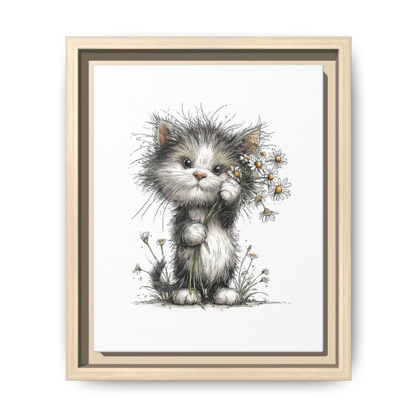 Playful Kitten with Dandelions Matte Canvas Framed Wall Art | Nursery Bedroom Decor