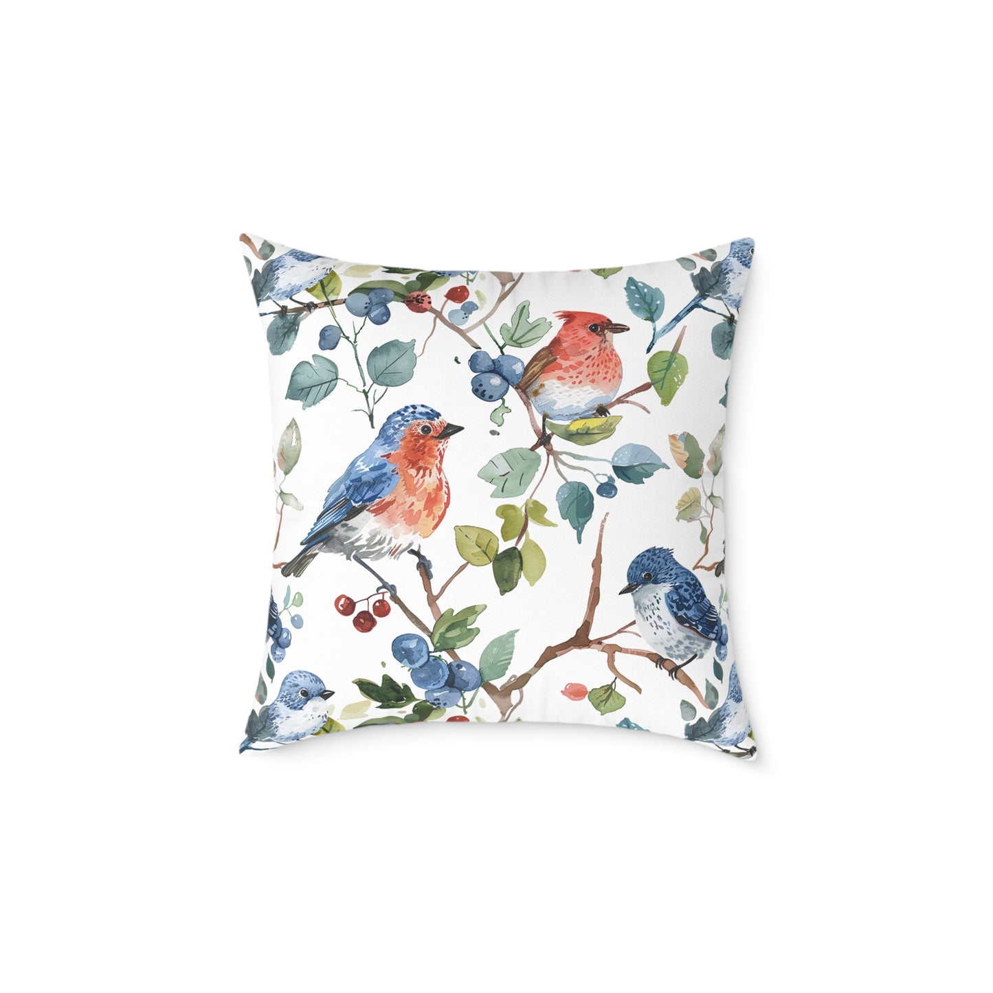 Bird Watercolor Pillow — Blue & Coral Songbirds on Branch Decorative Throw Pillow