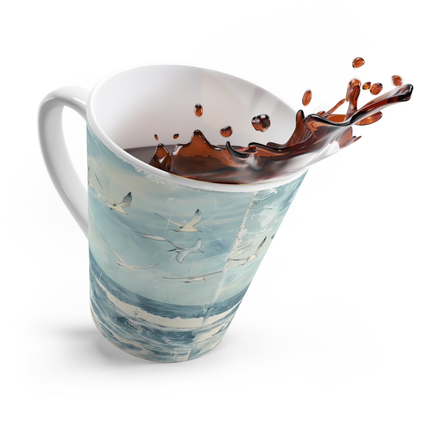 Seagulls Over Ocean Latte Mug | Coastal Waves Beach Scene, Blue Sky drinking cup