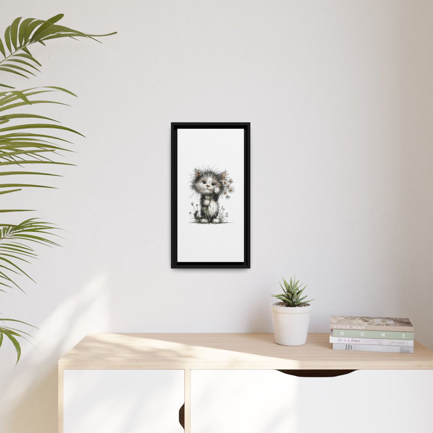 Playful Kitten with Dandelions Matte Canvas Framed Wall Art | Nursery Bedroom Decor
