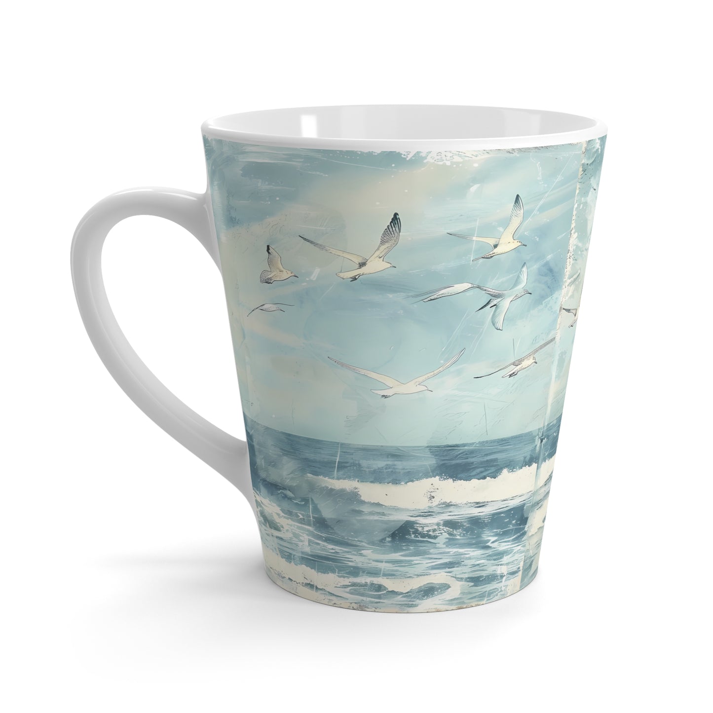Seagulls Over Ocean Latte Mug | Coastal Waves Beach Scene, Blue Sky drinking cup