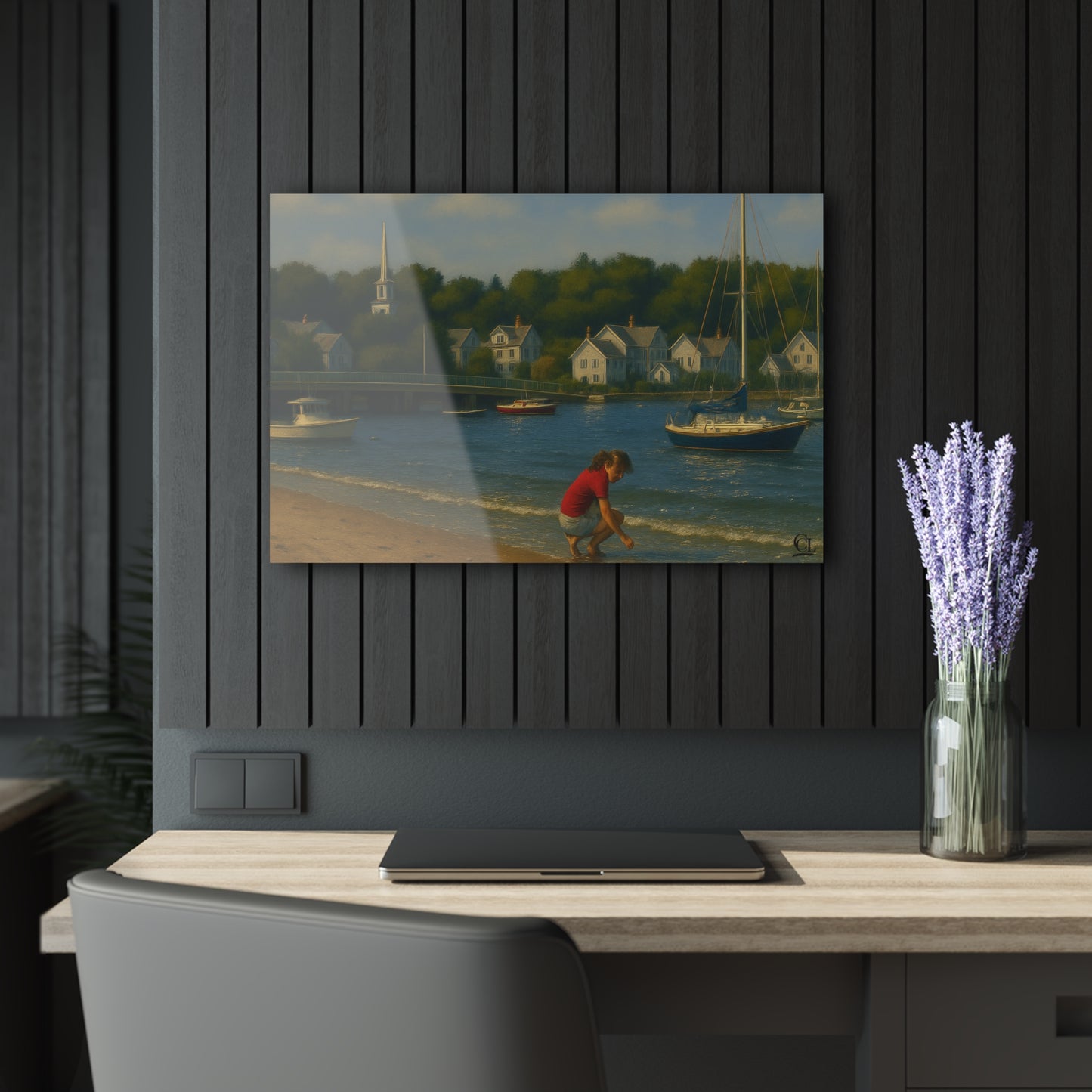 Padanaram Harbor Acrylic Print — Sunlit Beach & Sailboats (French Cleat Hanging)