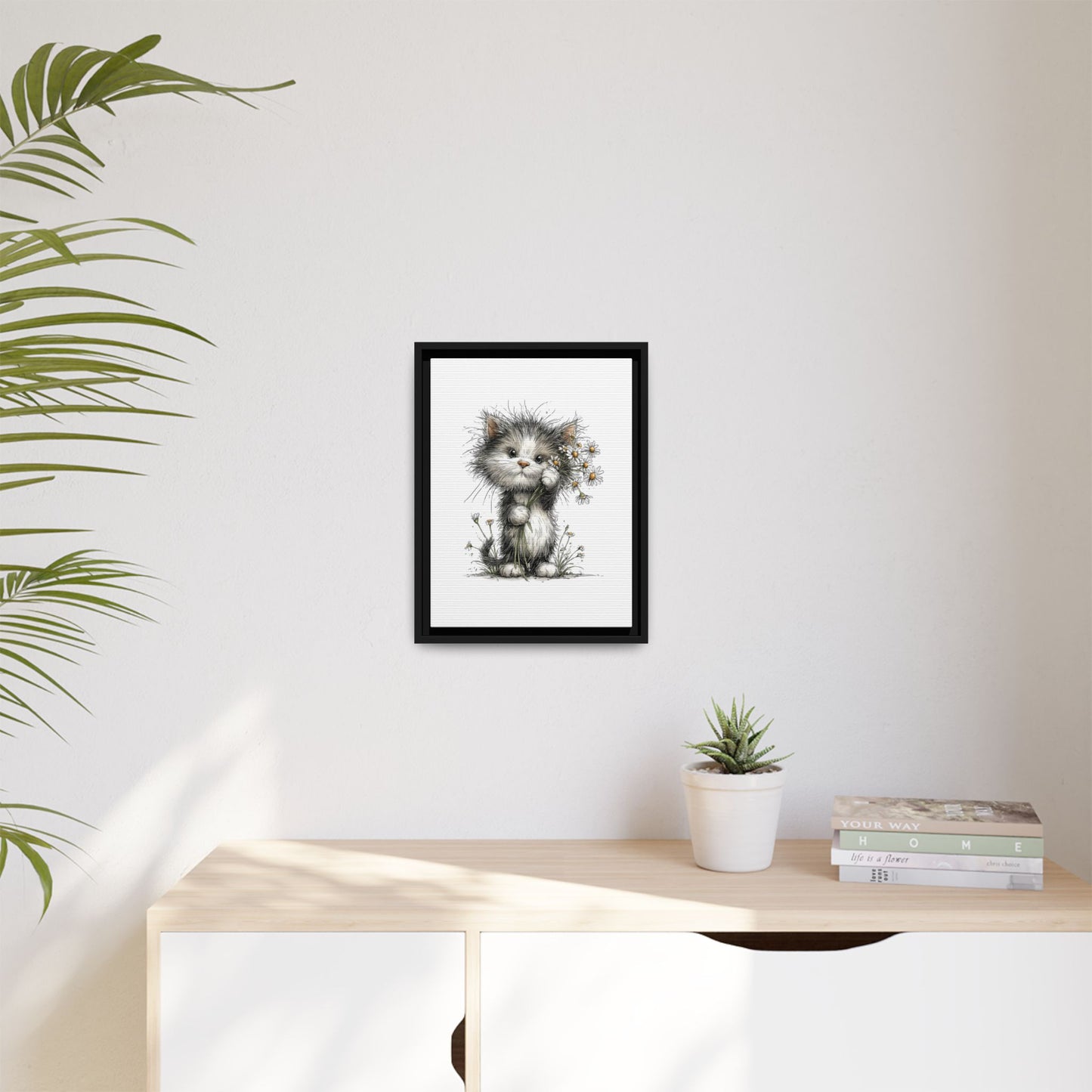 Playful Kitten with Dandelions Matte Canvas Framed Wall Art | Nursery Bedroom Decor