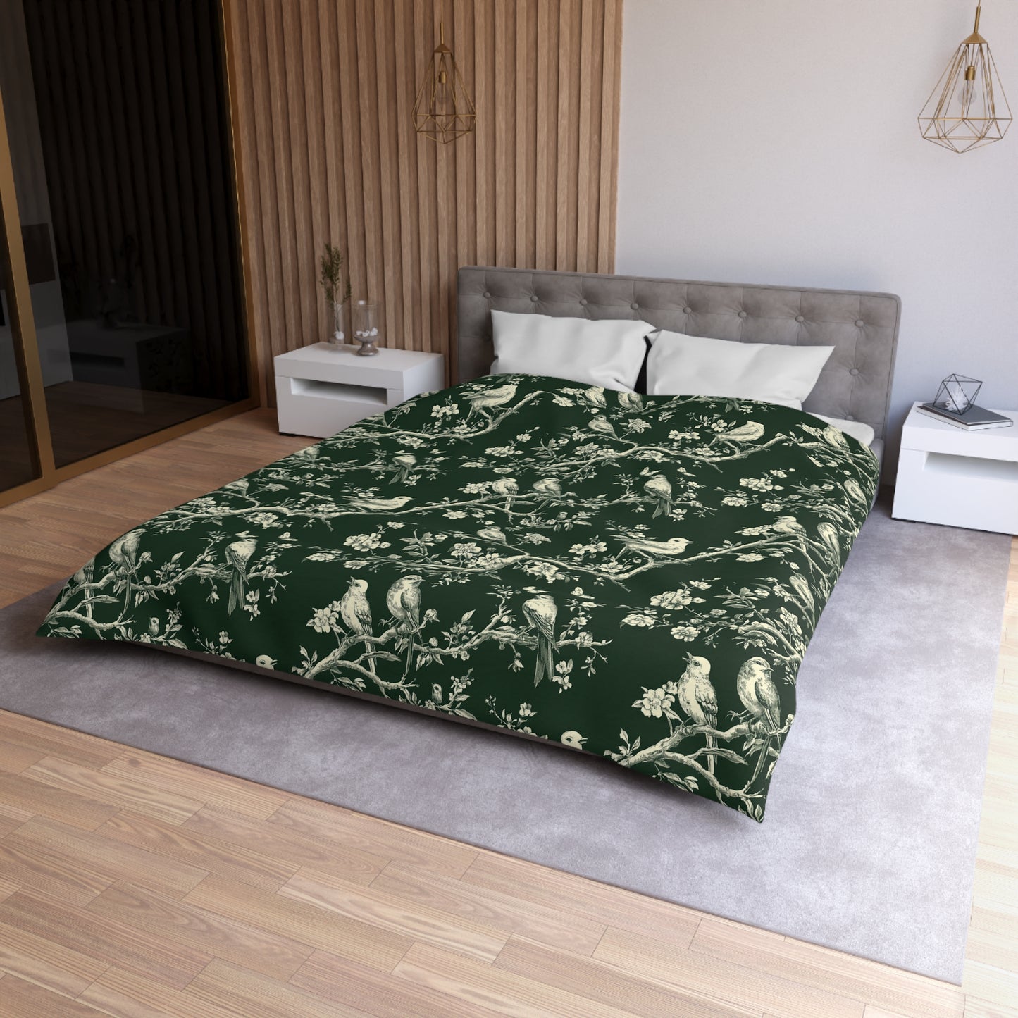 Botanical Bird Duvet Cover – Vintage Floral Toile Bedding in Forest Green
