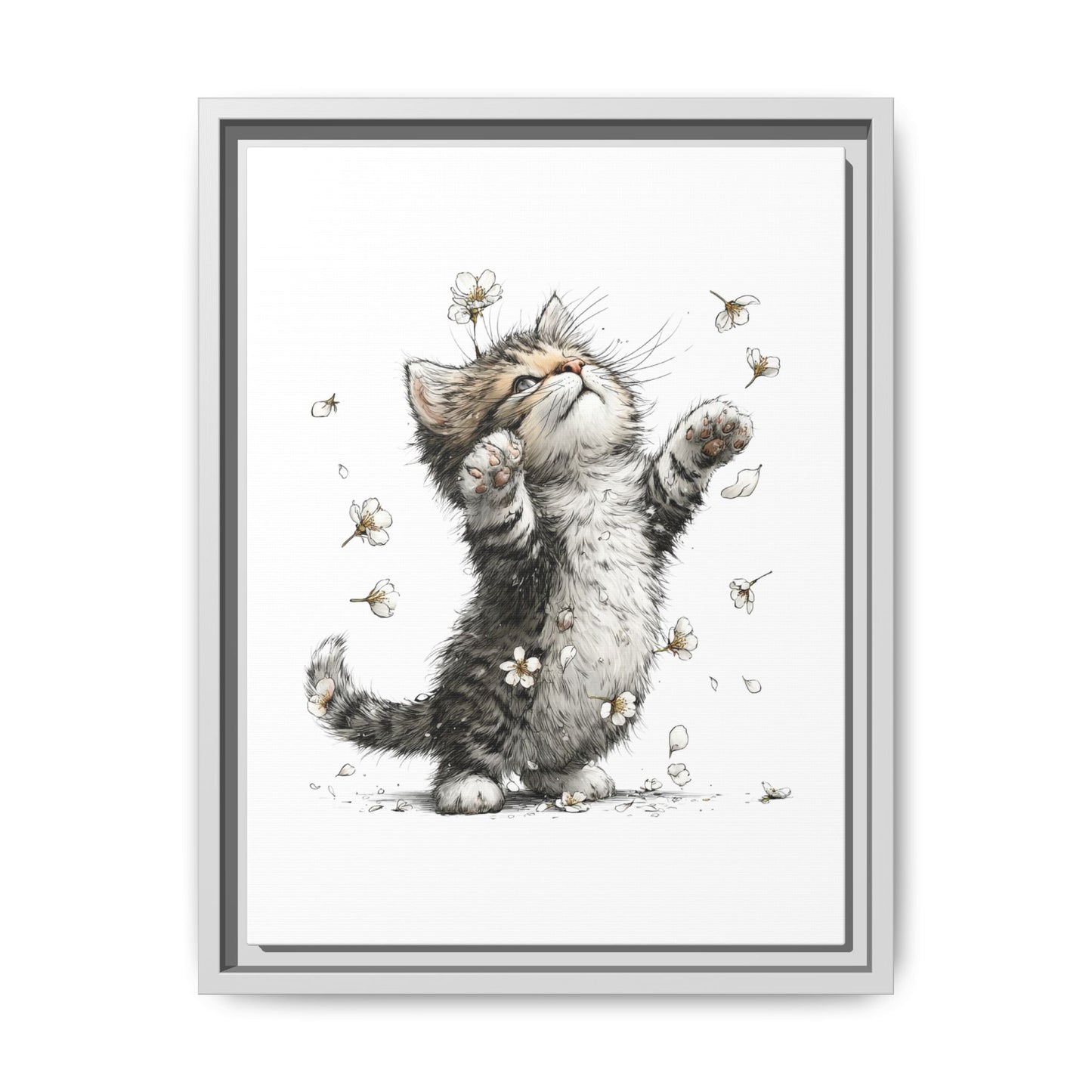 Playful Kitten with Dandelions Matte Canvas Framed Wall Art | Nursery Bedroom Decor