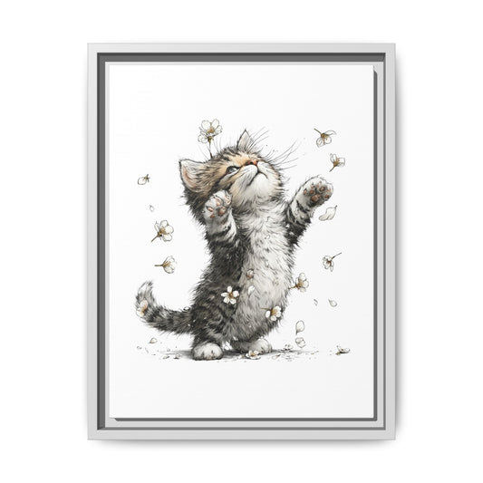 Playful Kitten with Dandelions Matte Canvas Framed Wall Art | Nursery Bedroom Decor