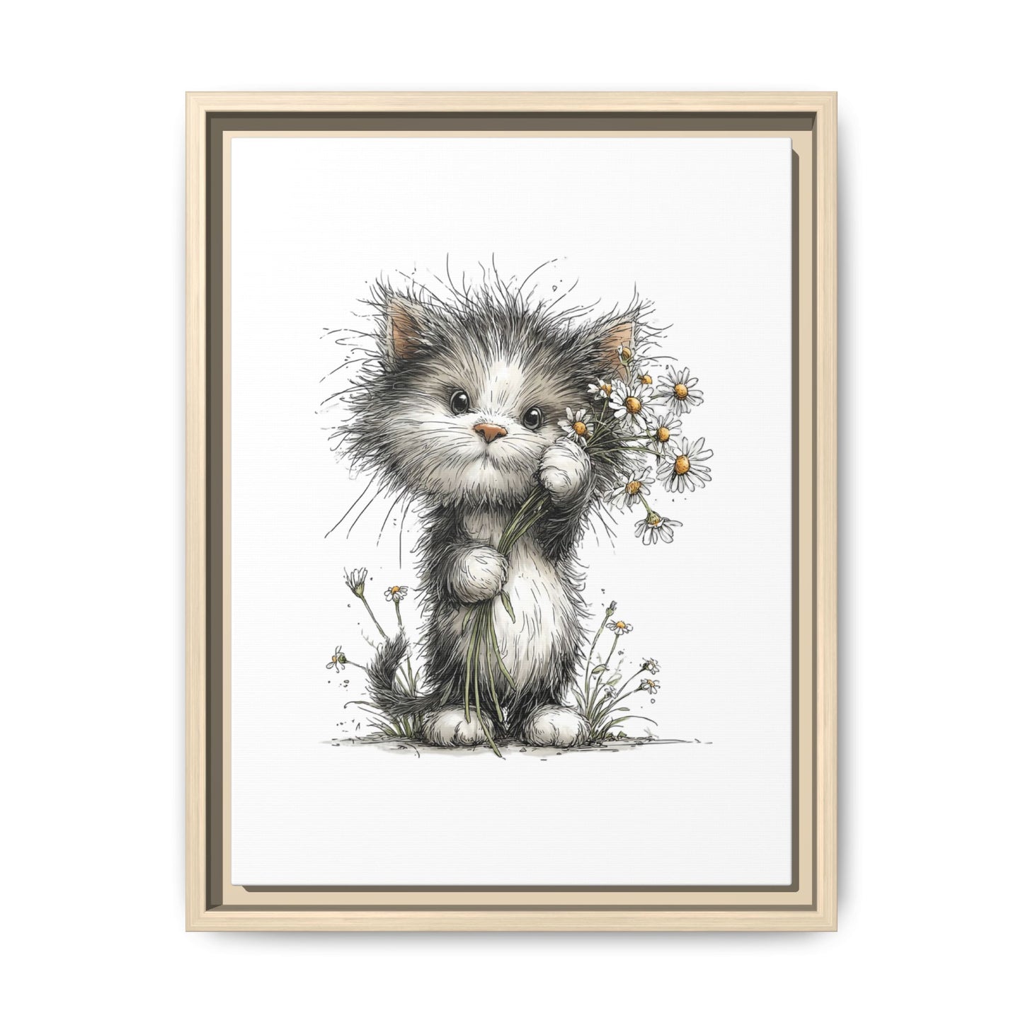Playful Kitten with Dandelions Matte Canvas Framed Wall Art | Nursery Bedroom Decor
