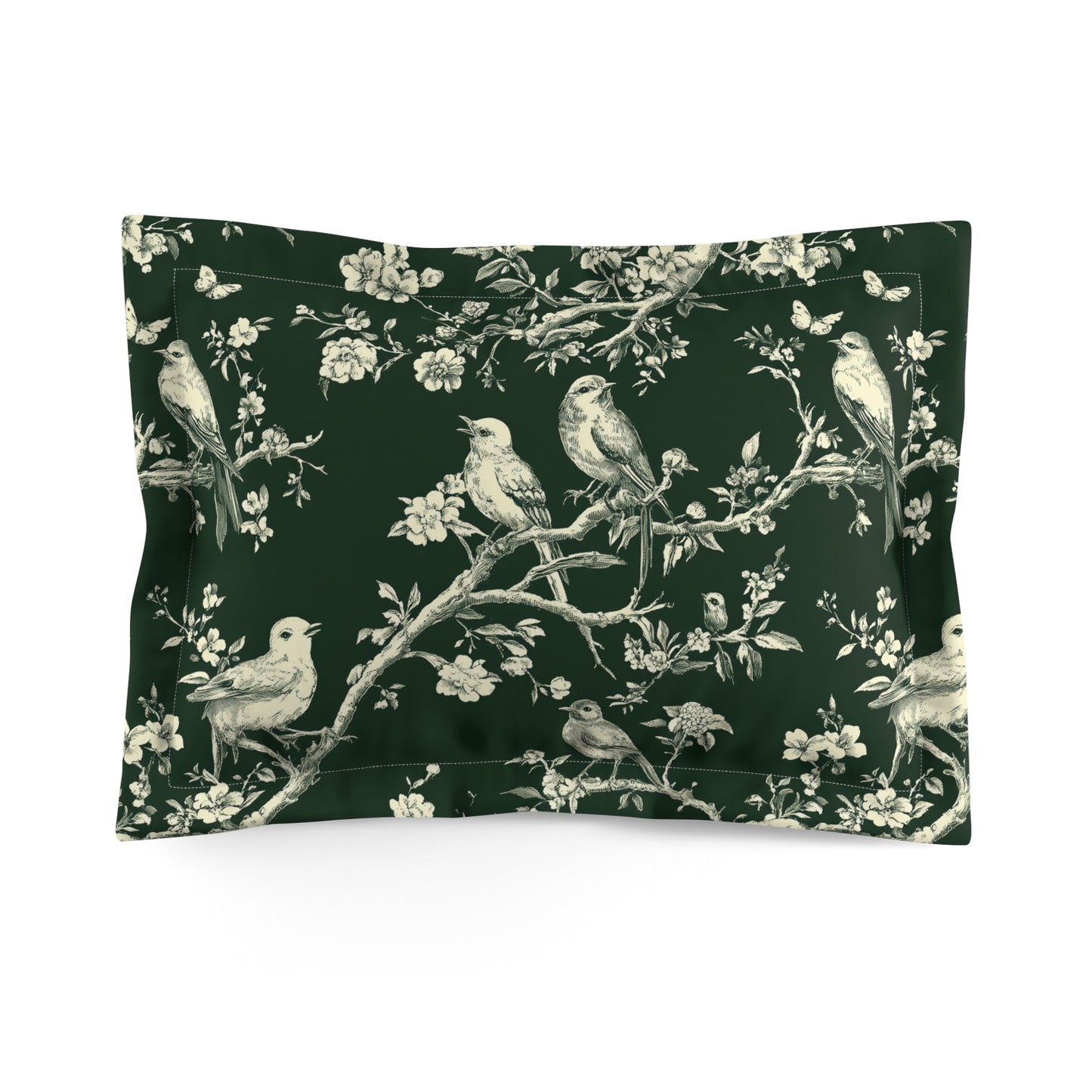 Botanical Bird Pillow Sham — Vintage Floral Bird Branch Print on Deep Green